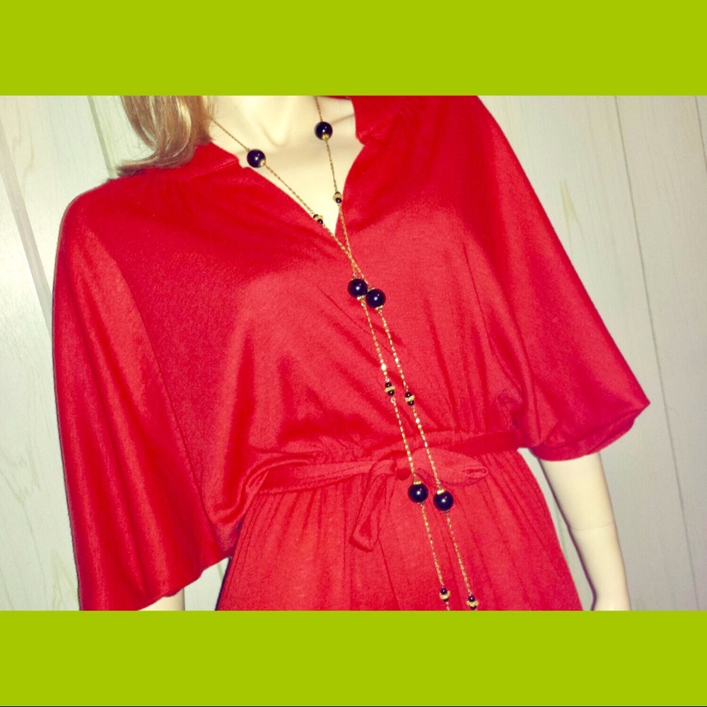 Vintage 60s RED Angel Sleeve Kimono Style Boho Babe Dress